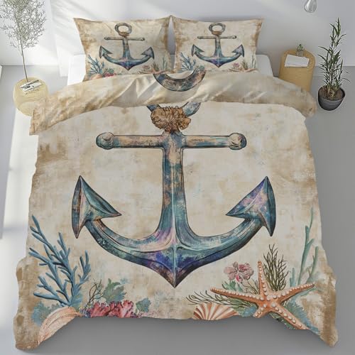 Dyjuaa Nautischer Thema Sommer Bettwäsche 135x200 cm 3teilig Anker Bettbezug Mikrofaser Weich Atmungsaktiv 2 Kissenbezüg 80x80 cm Bettwäsche Set mit Reißverschluss