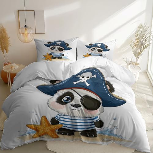Bettwäsche 180 x 200 cm 3teilig Bettbezug - Bettwäsche-Sets Cartoon-Piraten-Panda-Bab y mit Kissenbezug 80x80 cm, Weich Wendebettwäsche Bedding Weiß mit Reißverschluss