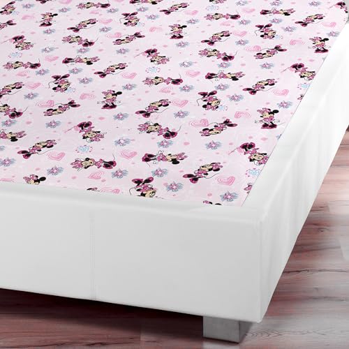 Minnie Mouse Spannbettlaken Flower Pink Rosa 90/100 cm x 190/200 cm 100% Baumwolle Minnie Maus Disney Mickey Sweet Love Spannlaken Bettlaken Laken Spannbetttuch passend zur Mädchen Bettwäsche