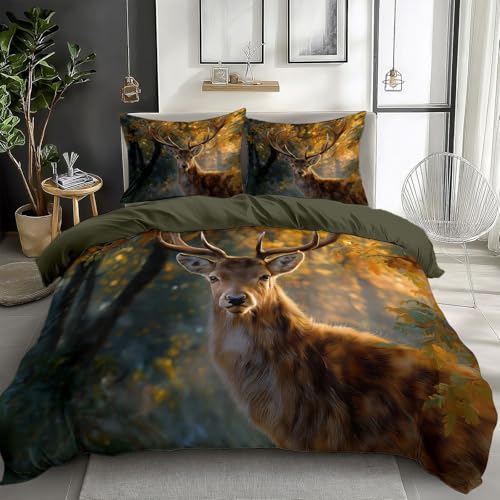 Bettwäsche 240 x 220 cm Dunkelgrün, Bettbezug Fantasie Wald Tiere Elch Muster Reversibel Atmungsaktiv Microfaser Kind Bettwaren-Set mit Reißverschluss - für den Sommereinsatz
