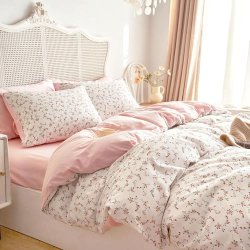 Lanqinglv Bettwäsche 135x200 cm Rosa Weiß Blätter Blumen Muster Pflanzen Wende Bettwäsche Set Microfaser Renforce Bettbezug mit Reißverschluss und Kissenbezug 80x80 cm