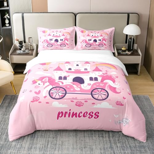 Fairy Theme 100% Natürliche Baumwolle Bettbezug 135x200,Rosa Regenbogen Schloss Tröster Abdeckung,Prinzessin Kutsche Bettbezug,Cartoon Nette Pferd Bettwäsche Set