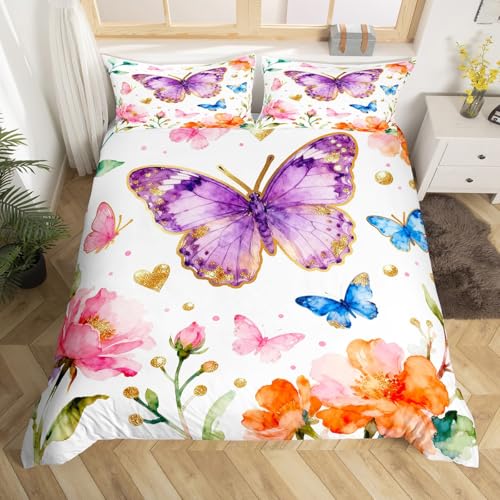 Homemissing Schmetterling Bettwäsche Set 135x200cm Botanische Blumen gedruckt Bettbezug Set für Frauen Mädchen Blumen Butterfiles Bettwäsche-Set 2-teiliges natürliche Themenzimmer Dekor weiche