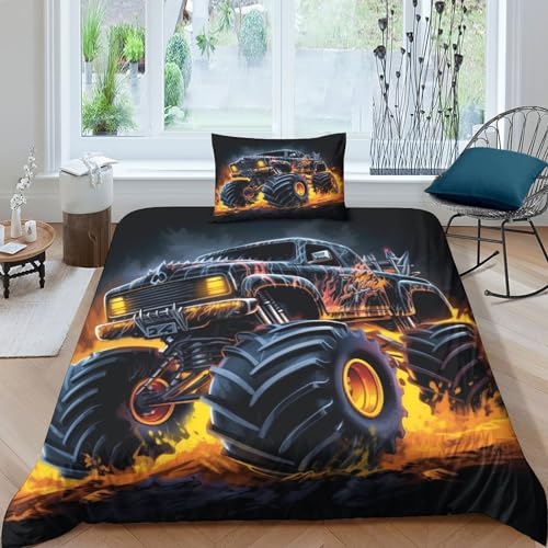 MOBYAT Monster Truck Bettwäschegarnitur 3D Gedruckter Auto Für Kinder Mädchen Jungen Bettbezug Set Und Kissenbezüge Reissverschluss Weich Microfaser Bettwäsche 2 teilig Single?135x200cm?