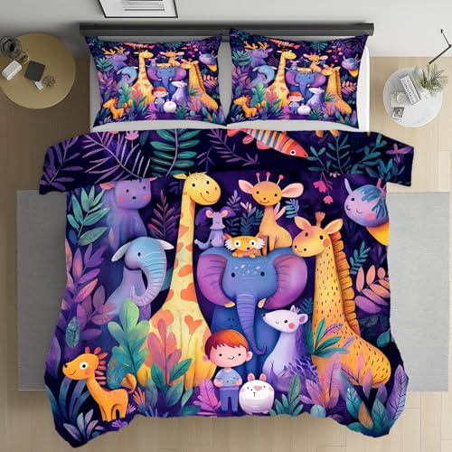 Kioldoq Cartoon Elefant Bettwäsche 135x200 Microfaser, Niedlich Giraffe Bettwäsche Kühlend Sommer, Elch Tier Bettbezuge Mit Reißverschluss 3 Teiliges, Wendebettwäsche Und Kissenbezug 80x80 cm