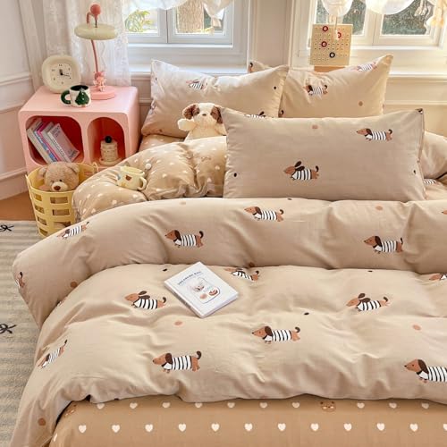 Tospass Dackel Bettwäsche Set 135x200cm Mädchen Khaki Braun Weiß Dachshund Liebe Wendebettwäsche Mikrofaser Herz Deckenbezug Kinder Teen Bettbezug mit Reißverschluss und Kissenbezug 80x80cm