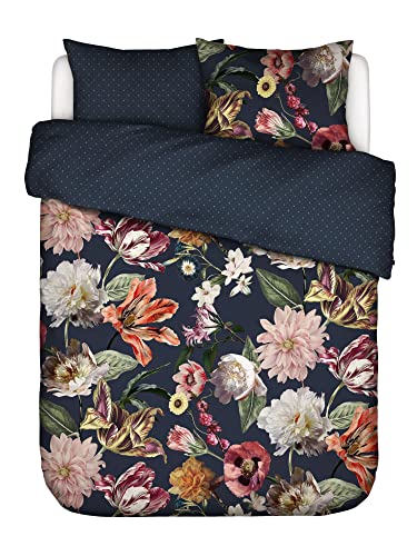 ESSENZA Bettwäsche Filou Blumen Pfingstrosen Tulpen Baumwollsatin Dunkelblau, 200x200 + 2X 80x80 cm, 401358-100DE-003