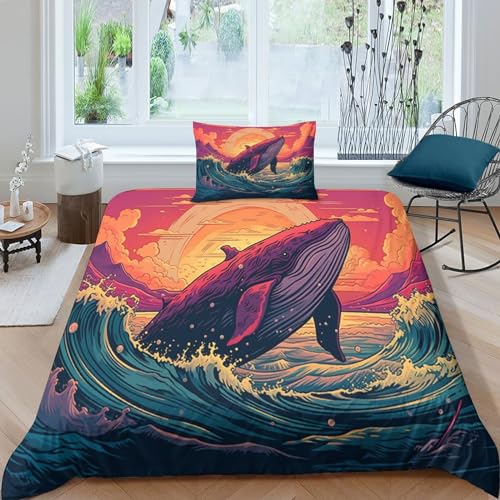 JALYKA Wale 3D Gedruckter Bettbezug Set Twilight Beach Bettwäsche Set 3 Teilig Ornamente Microfaser Bettwäsche Set Mit Reißverschluss Und Kissenbezüge Single?135x200cm?
