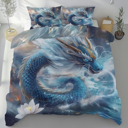 Lotus Drache Bettwäsche Set 2 Teilig Einzelbett, Orientalisch Fantasie Tier Bettbezug Bügelfrei, Mythisches Tier Mikrofaser Bettwäsche 135x200 Weich Cozy mit Reißverschluss und 1 Kissenbezug 80x80