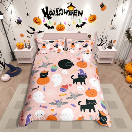 Homewish Happy Halloween Bettwäsche 135x200 Kürbis Laterne Bettbezug Gothic Bettbezug Hexenhut Geister Bettwäsche-Set für Kinder Kind Halloween Dekor Alptraum Vor Weihnachten Dekor Pink Bettwäscheset
