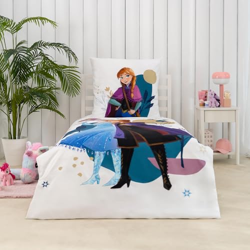 Disney Home Frozen ELSA und Anna Bettwäsche-Set 2 teilig - Bettwäsche 135x200 und Kopfkissenbezug 80x80-100% Baumwolle Super Weich - Doppelseitiger Kinder Bettwäsche für Mädchen