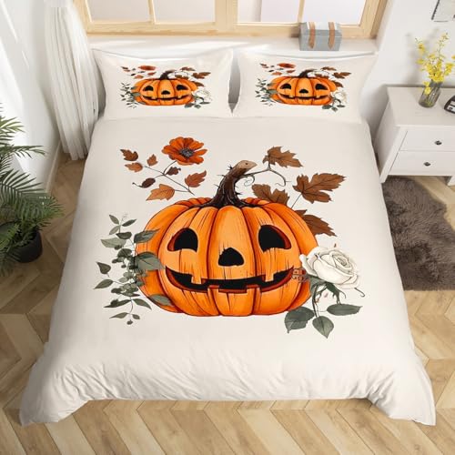 Homewish Herbst Kürbis Bettwäscheset 200x200cm Halloween Bettbezug für Kinder Jungen Mädchen Teenager Erwachsene,Pflanzen Rose Blumen Blätter Bettwäsche Ästhetisch Furcht Bettset Schlafzimmer Dekor