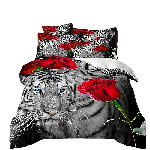 RZPFQB Löwe, Tiger, Leopard Kinder Bettwäsche 200x200 Bettwäsche Set für Teens Jungen Mädchen Kinderbettwäsche Weißer Tiger Bettbezug Set Weiße Tigerrose Microfaser Bettwäscheset