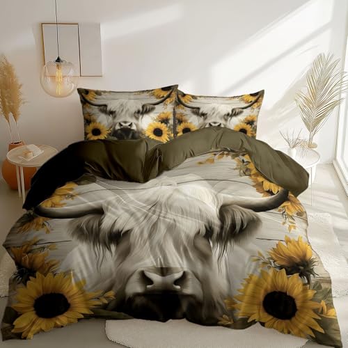 Bettbezug Yak-Sonnenblume im Landhausstil Bettwäsche 135 x 200 cm Bettwäsche-Sets 3 teilig Weiche Mikrofaser Bettbezug mit Reißverschluss und 2 Kissenbezug 80 x 80 cm Senfgelb