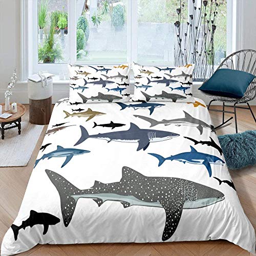Fadaseo Bettwäsche Meerestier Hai Musterdeluxe 3 Teilig Aus 100% Baumwolle Mit Reißverschluss Bettwäscheset 1 Bettbezug Und 2Kissenbezug ?135 X 200 cm?