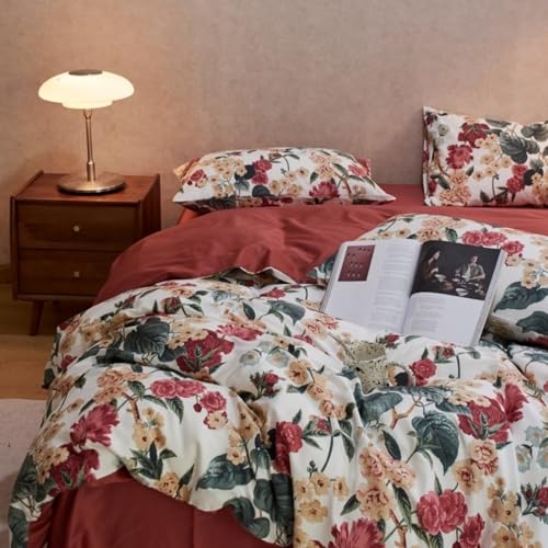 Freyamy Blumen Bettwäsche 135x200cm 2teilig Rot Bunt Floral Mädchen Bettwaren-Sets 100% Microfaser Vintage Blumenmuster Bettbezug mit Reißverschluss und Kissenbezug 80x80cm