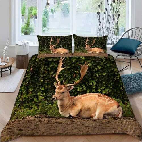 Hirsch Kinder Bettwäsche 155x200 Wilde Tiere 3 Teilig Bettbezug 155 x 200 cm 3D Bettwäsche-Sets Weiche Bettbezug Set Elch Bettbezüge Set und 2 Kissenbezüge a.3386