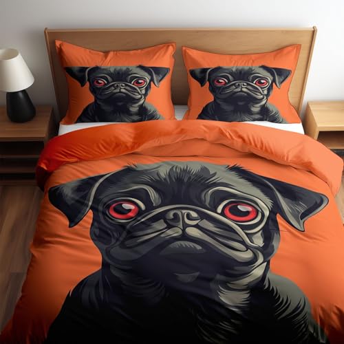 CozyRest Bettbezug Set mit 2 Kissenbezug Orange Farbe Bettwäsche Set für Jungen Mädchen Teenager, Schwarzer Mops Bettbezug 155 x 220 cm 3-teiliges Set Anti-Pilling Farbecht, Hypoallergen