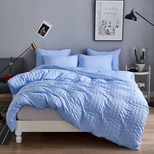 Freyamy Seersucker Bettwäsche 155x220cm 2teilig Blau Geprägt Streifen Strukturiert Bettwaren-Sets Uni Gebürstet Microfaser Weiche Bettbezug mit Reißverschluss und 1 Kissenbezug 80x80cm