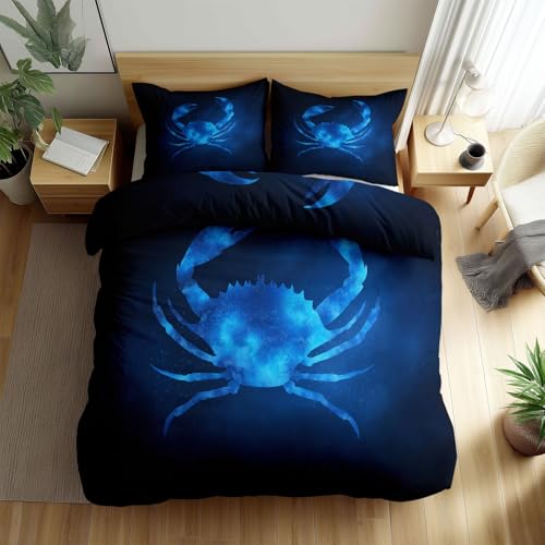 Generisch Bedruckter Bettbezug 135 x 200 cm + 1 Kissenbezüge, Blau Gebürstete Mikrofaser Deckenbezug mit Reißverschluss - Zart Sternzeichen Krebs Bettwäsche-Sets für Kinder Paare