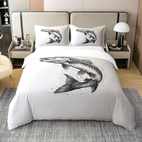 Loussiesd Big Hecht Fisch 100% Baumwolle Bettwäsche Set 135x200cm,Jagd und Angeln Betten Set,Angeln Leicht Bettbezug Set Atmungsaktiv,Unterwassert iere Bettwäsche-Set Zimmer Dekor