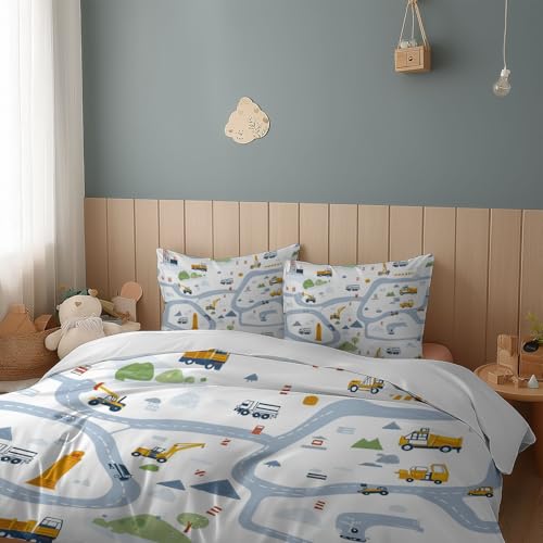 Generisch Bettwäsche Weiß 2 teilig Cartoon Baustelle Bettwäsche-Sets 135 x 200 cm aus Mikrofaser mit Reißverschluss Weich und Bügelfrei