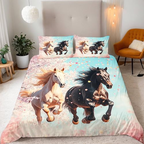 Tier Pferd Bettwäsche 135X200 Junge Mädchen Bettbezug 3D Effekt Teenager Bettwäsche-Set Mikrofaser Bettbezug Mit Reißverschluss Und 2 Kissenbezug 80X80Cm