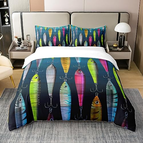 100% Baumwolle Bunte Fisch Bettwäsche Set 155x220,Fisch Haken Angeln Bettbezug für Jungen Mädchen,Rustikale Bauernhaus Tröster Abdeckung Schlafzimmer Dekor,Weiche Atmungsaktive Bettwäsche Abdeckung
