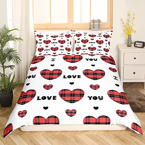 Homewish Mädchen Liebe Bettwäsche 155 x 220 Süße Herzen Dekor Bettwäsche Set Rot Schwarz Büffel Bettbezug Karierte Ich Liebe Dich Bettbezug mit 2 Kissenbezüge Romantische Weiß