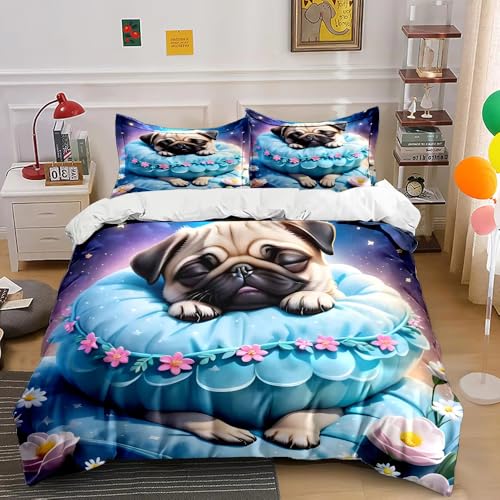 SJSXWQN Bettwäsche 135x200 SüßEr Mops Bettwäsche-Set mit Reißverschluss Schließung für Kinder Mädchen Weicher Atmungsaktive Mikrofaser Bettbezug + 2 Kopfkissenbezug 80x80 cm