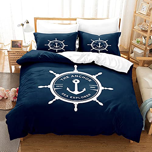 Bettbezug Set Weißer Anker 3D Drucken 140x200cm Bettwäsche Set 3 Teilig Weich Flauschige Atmungsaktiv Mikrofaser Hypoallergen Bettbezug mit Reißverschluss und 2 Kissenbezüge