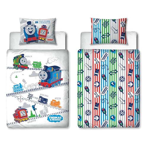 Character World Thomas & Friends Offizielles Kinderbett-Bettbezug für Kleinkinder, wendbar, 2-seitig, mit passendem Kissenbezug, Baumwollmischgewebe