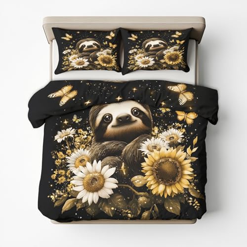 Generisch Bettwäsche 155x220 Faultier Sonnenblume - Schlafzimmer Deko Bettbezug 155 x 220 2tlg Schmetterlinge Blumen Muster, 1 Kissenbezug 80x80, mit Reißverschluss, Weich Mikrofaser B&D39