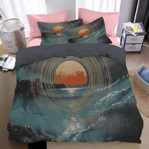 Bettwäsche 200*200cm Blaugrün Sonnenstrukturmuster Bettbezug Set 3 Teilig Abstrakte Texturmalerei Blümchen Blumenmuster Weich Bettwäsche-Sets mit 2 Kissenbezüge 80x80 cm und Reißverschluss