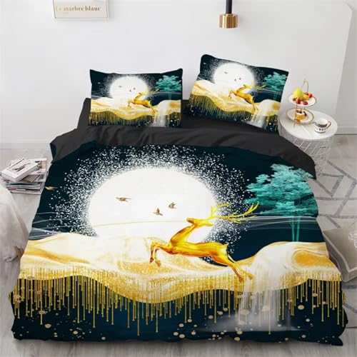 SJSXWQN Bettwäsche 200x200 Goldener Hirsch Bettwäsche-Set mit Reißverschluss Schließung für Erwachsene Kinder Weicher Atmungsaktive Mikrofaser Bettbezug + 2 Kopfkissenbezug 80x80 cm