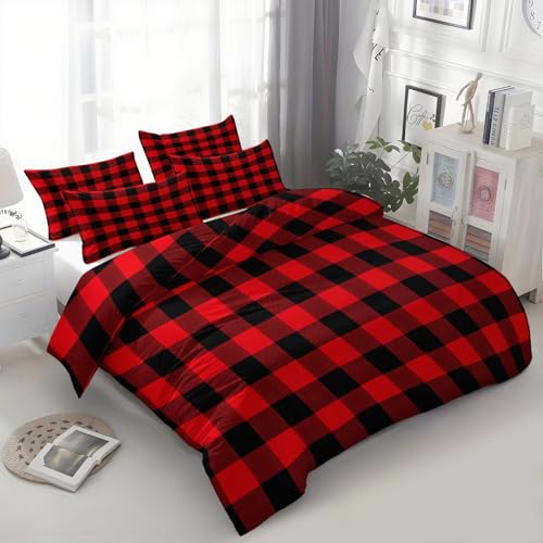 Quixora Bettwäsche-Set, Rot Schwarz Kariert Raster Bettwäsche-Set für Jungen und Mädchen, Modernes Bettdecken-Set mit 2 Kissenbezügen- Raumdekoration- 3-teilig