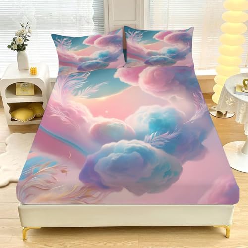 Kleines Doppelbett-Spannbettlaken ,Farbig Bunte Wolken Weich, Gemütlich, 3-teiliges Mikrofaser-Bettwäsche-Se t mit Tiefer Tasche, 30 cm, 120 x 190 cm, Inklusive 2 Kissenbezügen L84