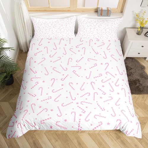Homewish Rosa Weihnachten Bettbezug Mädchen,Cartoon Weihnachten Candy Cane Bettwäsche Set für Teenager Kinder,Weihnachtsdekor Bettwäscheset Rosa Weiß Reversible Bettset,135x200cm 1 Kissenbezug