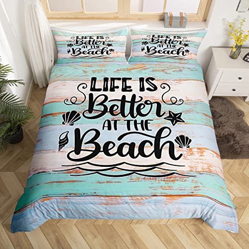 richhome Sommer Strand Bettbezug Set 135x200,Seesternmuschel Hawaiian View Bettwäsche Set, alte Holzplanke rustikale Tröster Abdeckung, Teal Retro Quilt Cover, 1 Kissenbezug