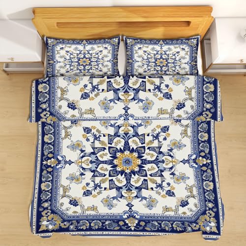 Orientalisch Medaillon Bettwäsche Set 2 Teilig Einzelbett, Vintage Böhmen Mandala Bettbezug Bügelfrei, Indisch Ethnisch Mikrofaser Bettwäsche 135x200 Weich mit Reißverschluss und 1 Kissenbezug 80x80