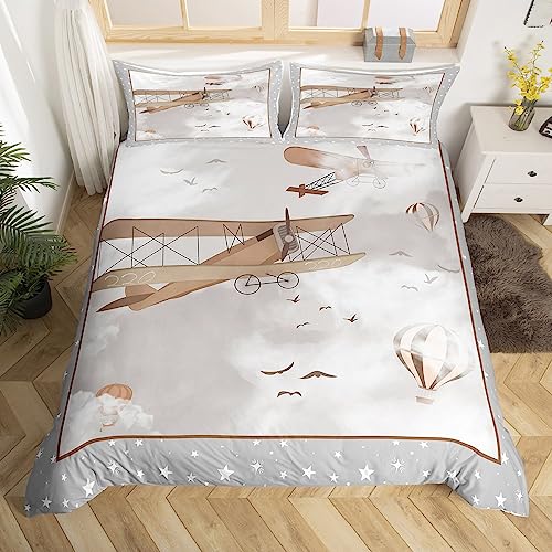 richhome Cartoon Flugzeug Bettbezug Set 135x200,Nette Flugzeuge Heißluftballon Bettwäsche Set, Sternenhimmel Wolken Romantische Tröster Abdeckung, Grau Retro Quilt Cover