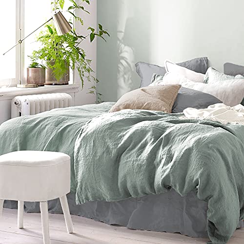 Pure Label Halbleinen Bettwäsche - Set aus Baumwolle und Leinen, Größe:3tlg. 135x200cm + 80x80cm + 40x80cm, Farbe:Grün/Salbei',