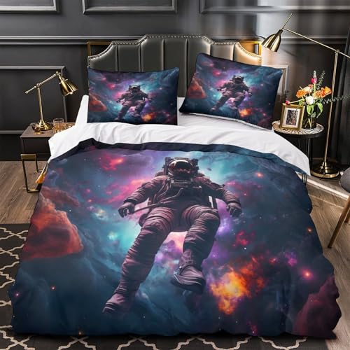 RWKAVZLOP Weltraum-Astronaut 3D Bedruckt Bettbezug 3teilig Mikrofaser versteckter Reißverschluss kosmisches Abenteuer Deckenbezug 2 Kissenbezüge fleckenfest Kinder Mädchen Single (135x200cm)