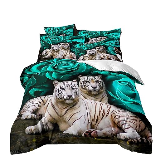 RZPFQB Löwe, Tiger, Leopard Kinder Bettwäsche 100x135 Baby Bettwäsche Set für Kleinkinder und Babybetten White Tiger Blue Rose Bettbezug Set King of The Jungle Microfaser Bettwäscheset