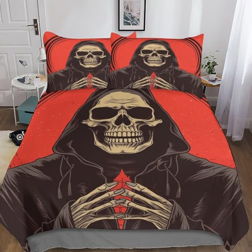 LOUSON Deckenbezug Bettwäsche 220x240 Bettwäsche 3D Skull Jungen 3teilig Kissenbezug Mikrofaser Deko Schlafzimmer Reißverschluss Weich Gemütlich Für