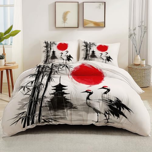 Bettbezüge Reversibel 200 x 200 cm mit 2 Kissenbezug 80 x 80 cm, Bettbezug Set Microfaser Traditionell Orientalisch Tuschemalerei Thema für Jugendliche und Erwachsene, Sommer-Bettwäsche-Set Weiß