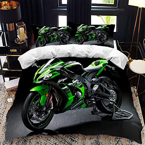 CTQTZ Motorrad Muster Bettwäsche-Set für Kinder 135x200cm Cool Motorrad Motorrad Fahrer Kinder bettwäsche Bettbezug und Kissenbezug 80x80cm Sport Schwarz Grün Motorrad Bettbezug mit 2 Kissenbezug