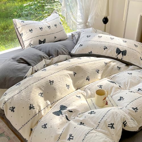 Nayoroom Bettwäsche 135x200 Weiß mit Schwarzen Schleifen Blumen Bettwäsche-Sets ÖKO-TEX Premium Microfaser Schleifenmuster Wende Bettbezug mit Reißverschluss und Kissenbezug 80x80 cm