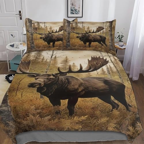 Elch Bettwäsche 155x200 3D Drucken Waldgrasland Bettwäsche-Sets Weiche Kuschelig Mikrofaser Bettbezug mit 2 Kissenbezüge 80x80 cm mit Reißverschluss s-1036