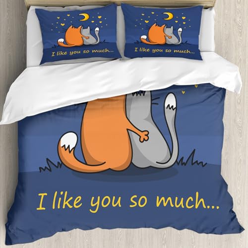 MJNLYDAO Sleeptime 100% Baumwolle Bettwäsche - Bettbezüge mit Reißverschluss - Set mit 2 Kissenbezüge,Liebe und Valentinstag-Karte mit EIN Paar schönen Katzen Vektor Hintergrund P,200x228 cm